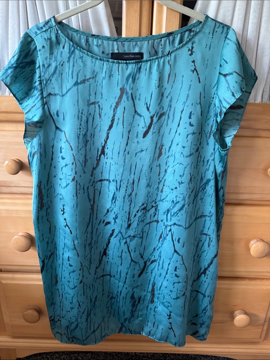 Calvin Klein Jeans Tops - Calvin Klein Jeans Teal Marble-Print Short Sleeve Blouse